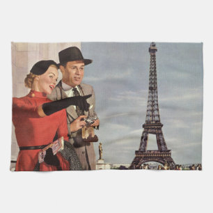 Vintage Tourists Travelling in Paris Eiffel Tower Tea Towel