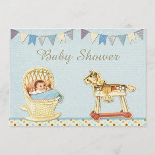 Vintage Toy Horse Baby in Crib Boys Baby Shower Invitation