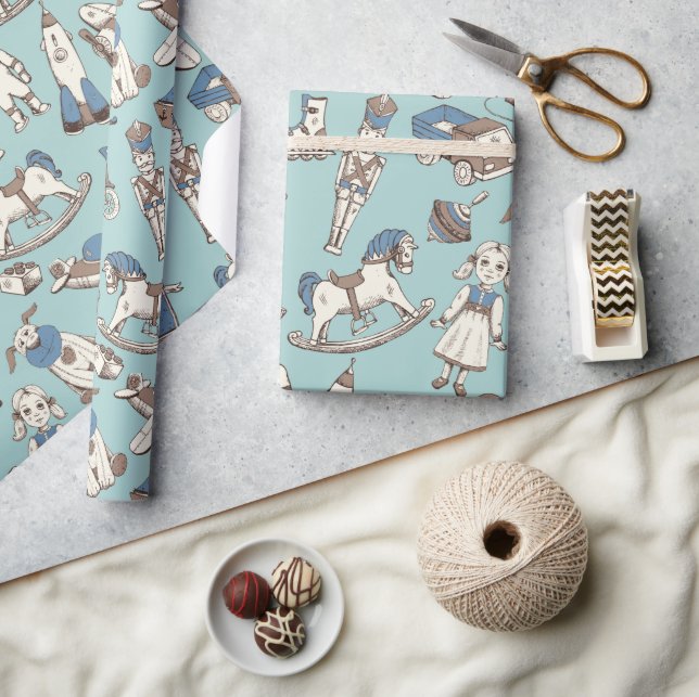 Vintage Toy Pattern Blue/Brown ID783 Wrapping Paper (Crafts)