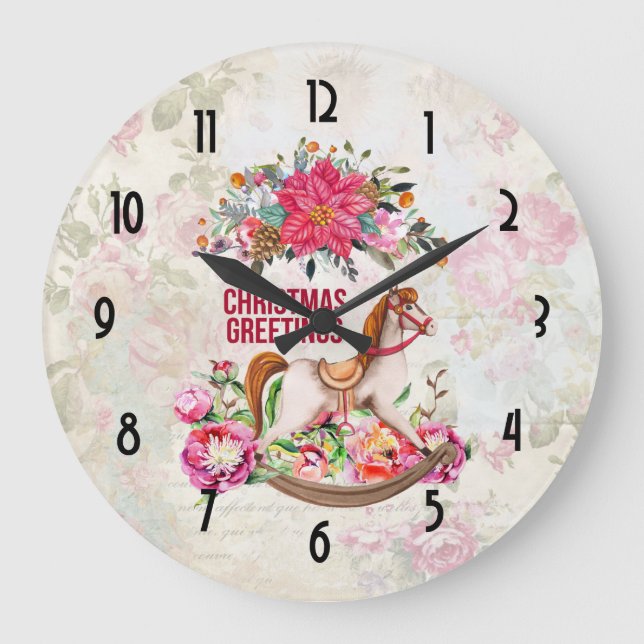 Vintage Toy Rocking Horse & Poinsettias Large Clock (Front)