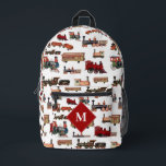 Vintage Toy Train Colourful Trains Pattern Monogra Printed Backpack<br><div class="desc">A beautiful colourful vintage toy train pattern. A perfect design for train enthusiasts,  train collectors,  steam train lovers etc. Watercolor illustrations of retro antique trains and carriages in various models,  sizes and colours. Customise the monogram and make it your own!</div>