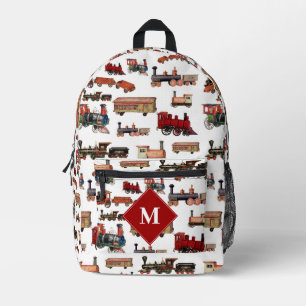 Vintage Toy Train Colourful Trains Pattern Monogra Printed Backpack