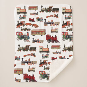 Vintage Toy Train Colourful Trains Pattern Sherpa Blanket