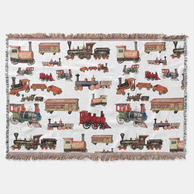 Vintage Toy Train Colourful Trains Pattern Throw Blanket (Front)