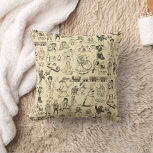 Vintage toys and playing children pattern cushion