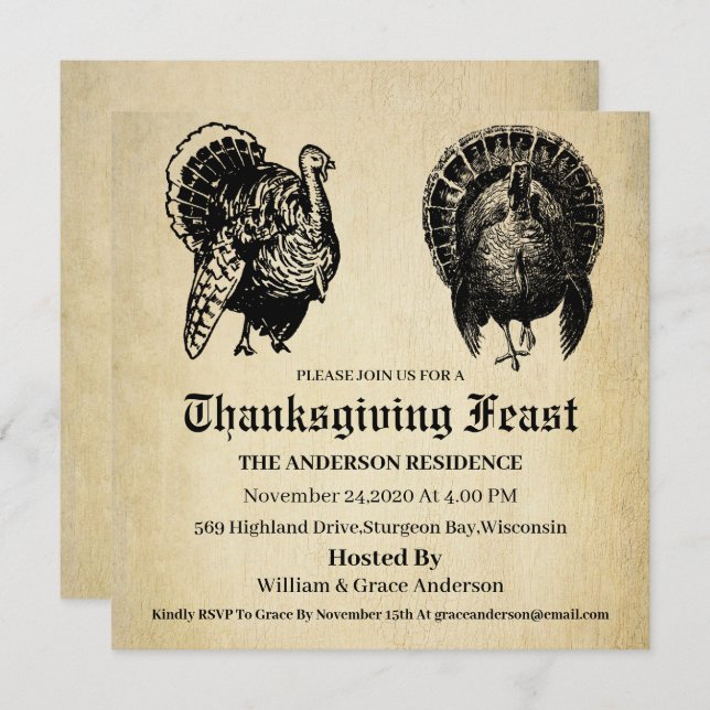 Vintage Traditional Turkey Thanksgiving Invitation (Front/Back)