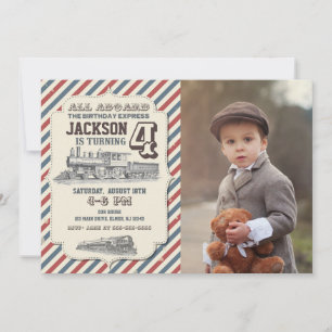 Vintage Train All Aboard Birthday Photo Invitation