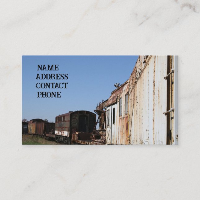 Vintage train cars on rail yard  business card (Front)
