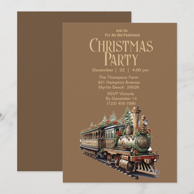 Vintage Train Christmas Holiday Party Invitation (Front/Back)