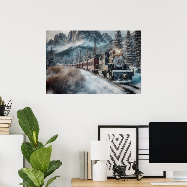 Vintage Train on Winter Tracks with Mountains Poster (Home Office)
