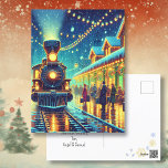 Vintage Train Station on Christmas Eve Personalise Postcard<br><div class="desc">An old fashioned train station on Christmas Eve with people coming and going trying to make it home. Vintage retro vibes. As the snow falls on this magical night,  I wish you everything merry and bright.  A sweet personalised holiday postcard to give you a warm and cosy vibe.</div>