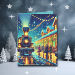 Vintage Train Station on Christmas Eve Snowy Night Card<br><div class="desc">Christmas card. An old fashioned train station on Christmas Eve with people coming and going trying to make it home. Vintage Christmas vibes.</div>