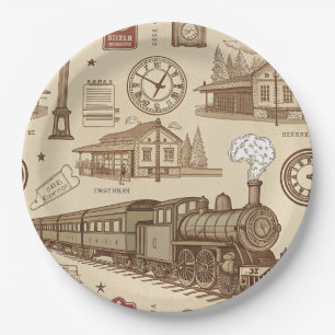 Vintage Train Station Pattern (1) Paper Plate