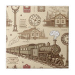 Vintage Train Station Pattern (1) Tile<br><div class="desc">Classic travel pattern ceramic tile featuring steam trains,  station clocks,  railway buildings,  tickets,  and vintage travel elements in an old-world style. Ideal for train lovers,  railway enthusiasts,  history fans,  and anyone who loves nostalgic travel aesthetics.</div>
