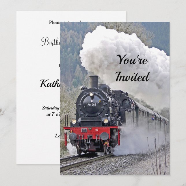 Vintage Train Steam Locomotive Photo Birthday Invitation (Front/Back)