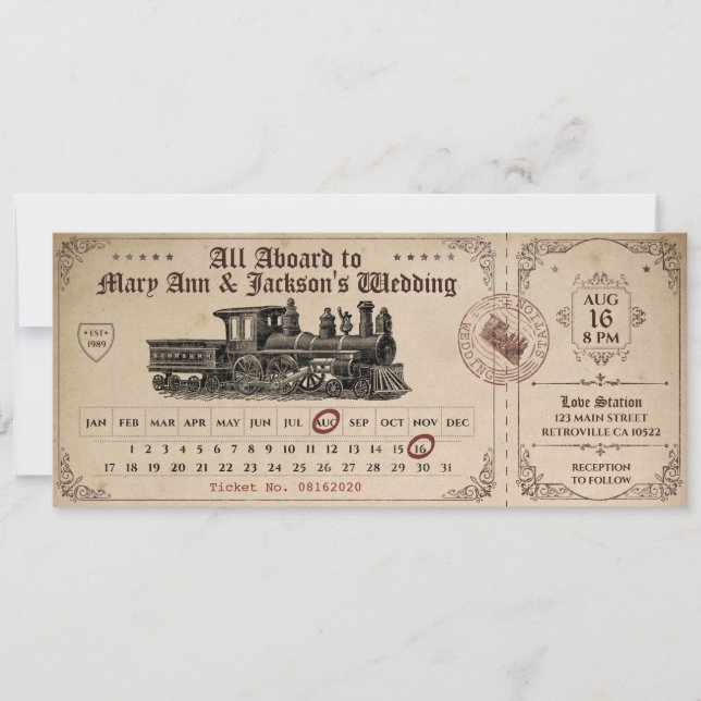 Vintage Train Ticket Wedding Invitation (Front)