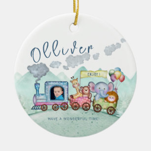 Vintage Train Transport Birthday Watercolor photo Ceramic Tree Decoration