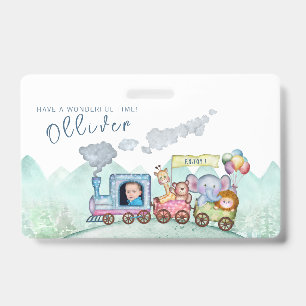 Vintage Train Transport Birthday Watercolor photo ID Badge