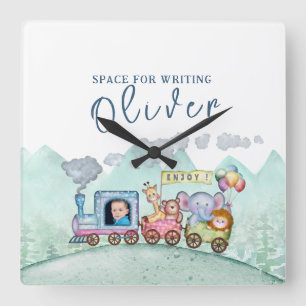 Vintage Train Transport Birthday Watercolor photo Square Wall Clock