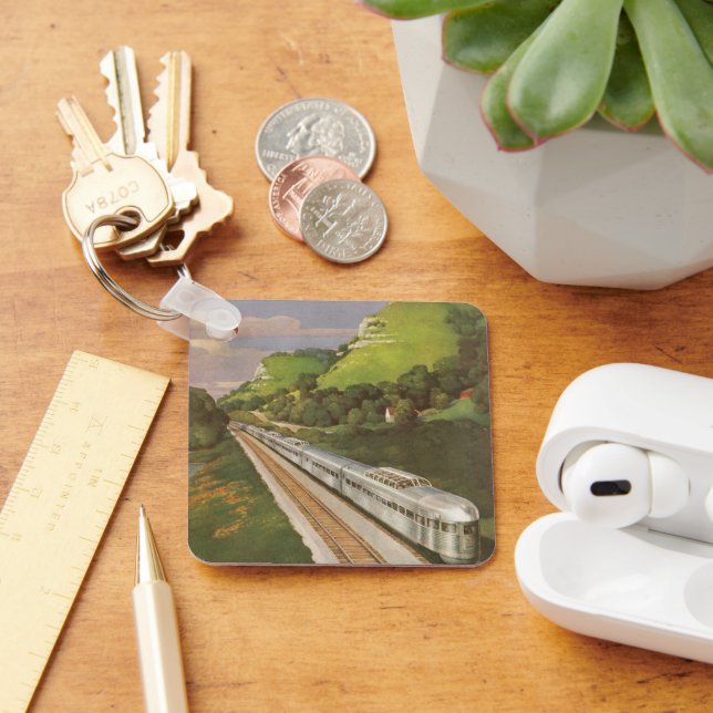 Vintage Train Vacation, Locomotive in Country Key Ring (Desk)