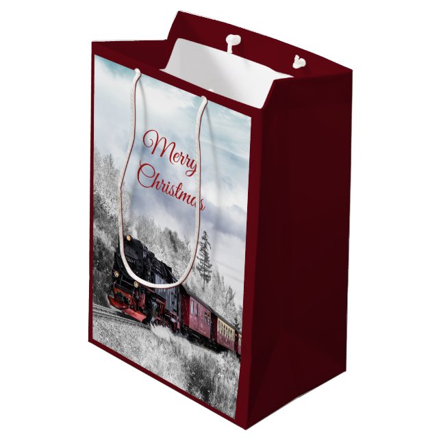 Vintage Train Winter Christmas Scene Medium Gift Bag (Back Angled)