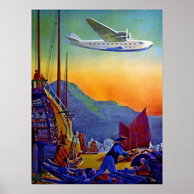 Vintage Transpacific Flight Air Travel Poster (Front)