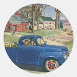 Vintage Transportation, Classic Blue Truck Round Sticker