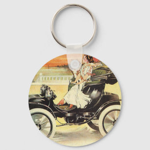 Vintage Transportation, Woman in Convertible Car Key Ring