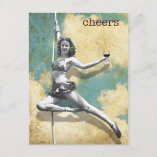 Vintage Trapeze Woman with Wine Postcard