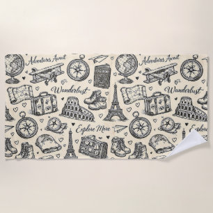 Vintage Travel Adventures Seamless Pattern Beach Towel