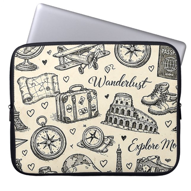 Vintage Travel Adventures Seamless Pattern Laptop Sleeve (Front)