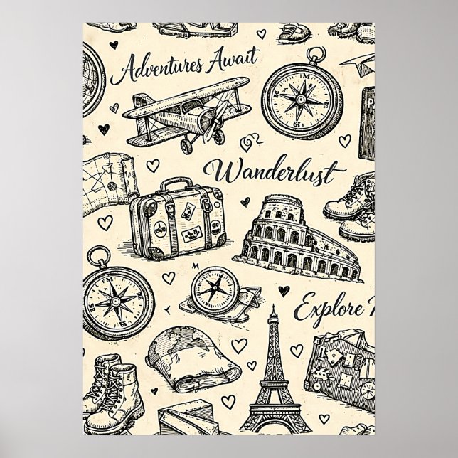 Vintage Travel Adventures Seamless Pattern Poster (Front)