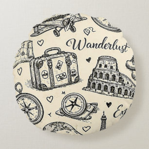 Vintage Travel Adventures Seamless Pattern Round Cushion