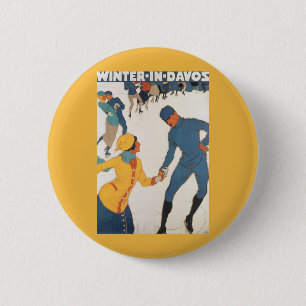Vintage Travel, Art Deco, Winter Davos Switzerland 6 Cm Round Badge