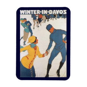 Vintage Travel, Art Deco, Winter Davos Switzerland Magnet