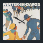 Vintage Travel, Art Deco, Winter Davos Switzerland Square Wall Clock<br><div class="desc">Vintage illustration advertisement,  European travel poster or luggage label from Davos,  Switzerland featuring a love and romance sports design with couples ice skating. Winter in Davos.</div>