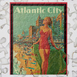 Vintage Travel, Atlantic City Resort Beach Blonde Jigsaw Puzzle<br><div class="desc">Vintage illustration United States of America travel poster or luggage label for Atlantic City, New Jersey via the Pennsylvania railroad featuring a beautiful blonde pin up woman in a bathing suit holding a towel looking up at the sun on the beach during the summer. People are having fun on the...</div>