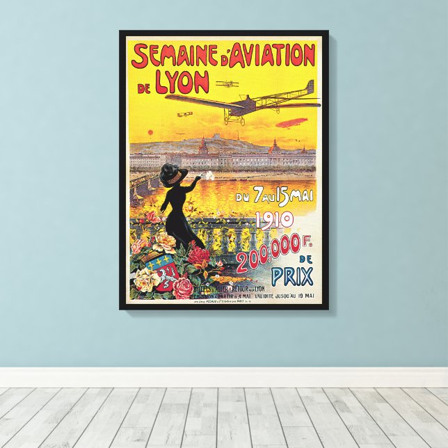 Vintage Travel, Aviation Aeroplanes, Lyon, France Canvas Print (Insitu(Wood Floor))