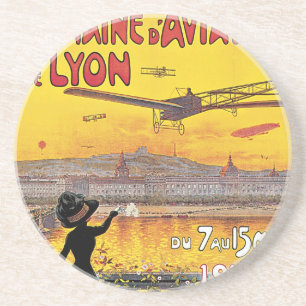 Vintage Travel, Aviation Aeroplanes, Lyon, France Coaster