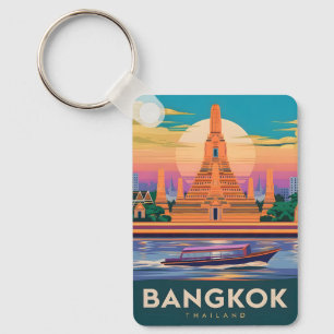 Vintage Travel Bangkok Thailand Sunset Temple Key Ring
