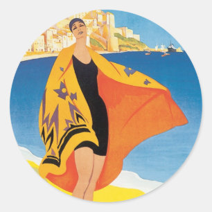 Vintage Travel, Beach Vacation at Calvi, Corsica Classic Round Sticker