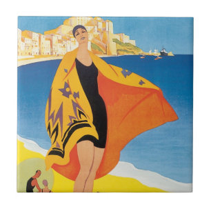 Vintage Travel, Beach Vacation at Calvi, Corsica Tile