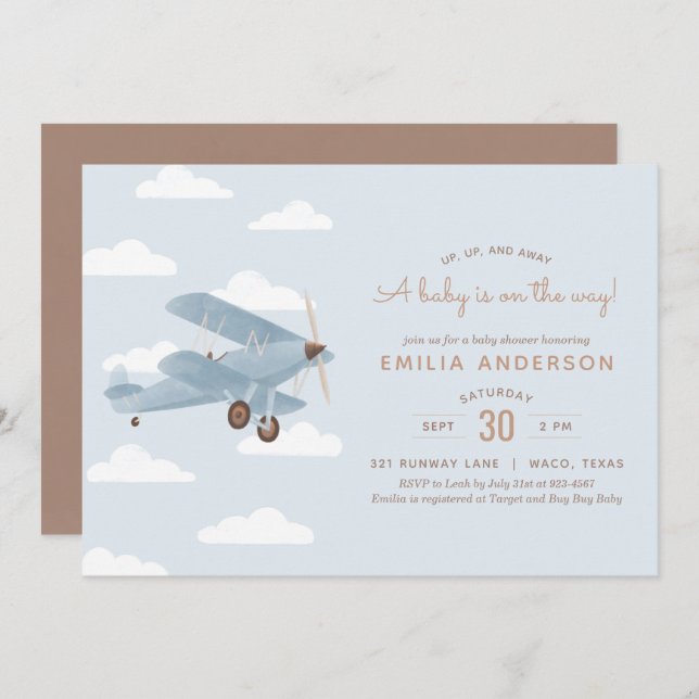 Vintage Travel Biplane Boy Baby Shower Invitation (Front/Back)