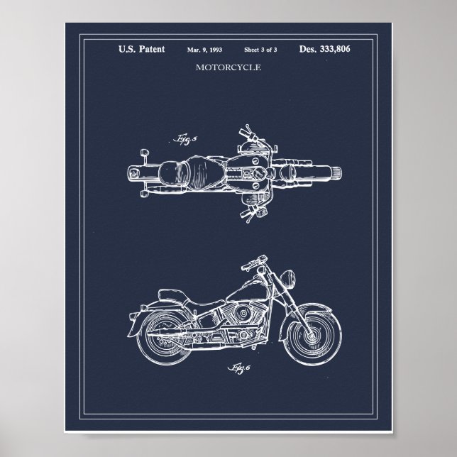 Vintage Travel Blueprint Art Motorcycle Patent Poster (Front)