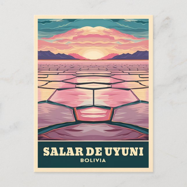 Vintage Travel Bolivia Uyuni Salt Flat Sunset Postcard (Front)