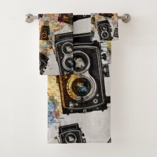 Vintage Travel Camera Pattern Bath Towel Set