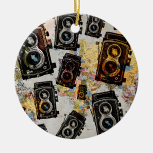 Vintage Travel Camera Pattern Ceramic Tree Decoration