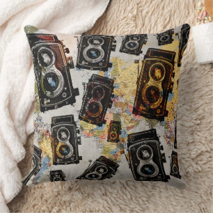 Vintage Travel Camera Pattern Cushion