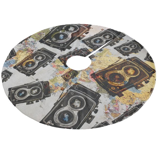 Vintage Travel Camera Pattern Fleece Tree Skirt (Angled)