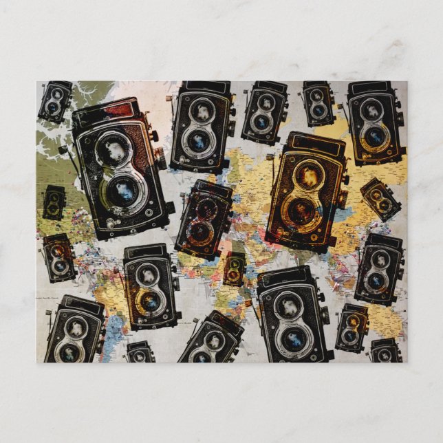 Vintage Travel Camera Pattern Postcard (Front)